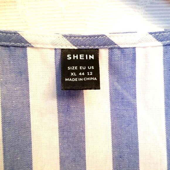 SHEIN Blue Striped Print Ruffle Trim Square Neck Blouse NWOT XL 7 0290 - Picture 4 of 6